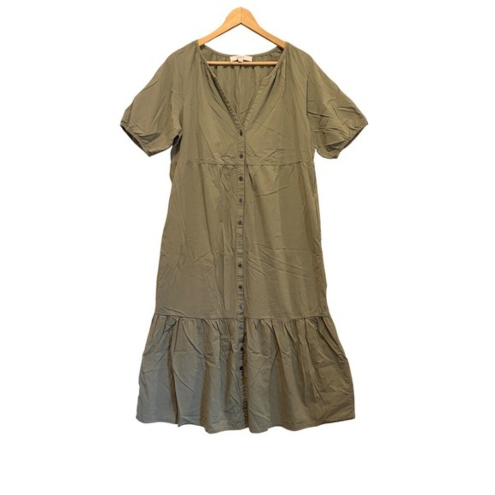 LOFT Dress Large Sage Button Front Tiered Peasant Midi Boho Coastal Cottagecore